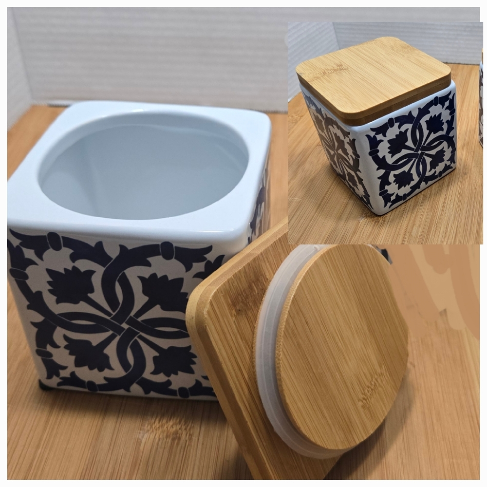Blue Tile Style Canister Apothecary Jar Bamboo Lid